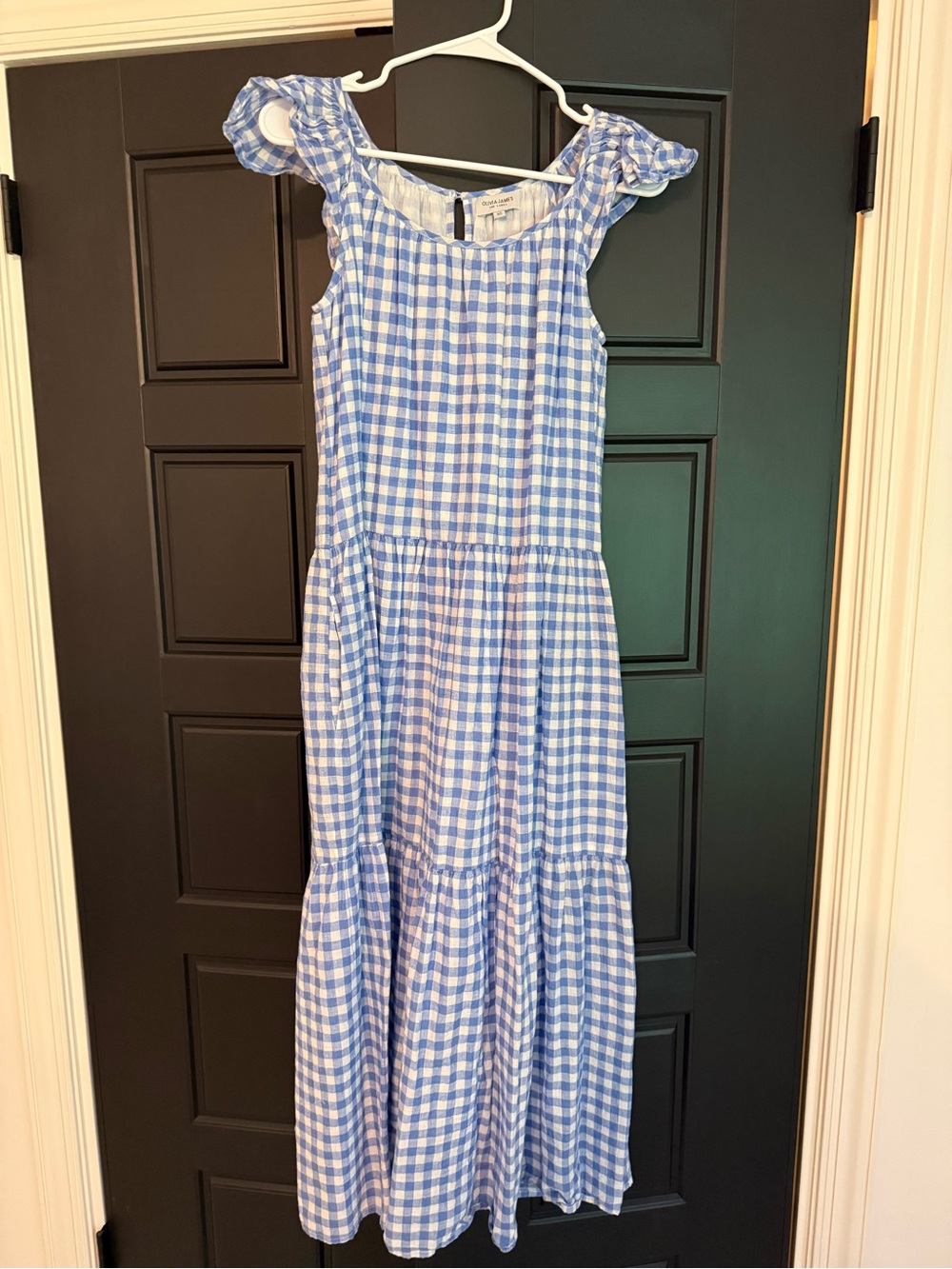 Blue and White Gingham Maxi Dress with Ruffle Cap Sleeves
